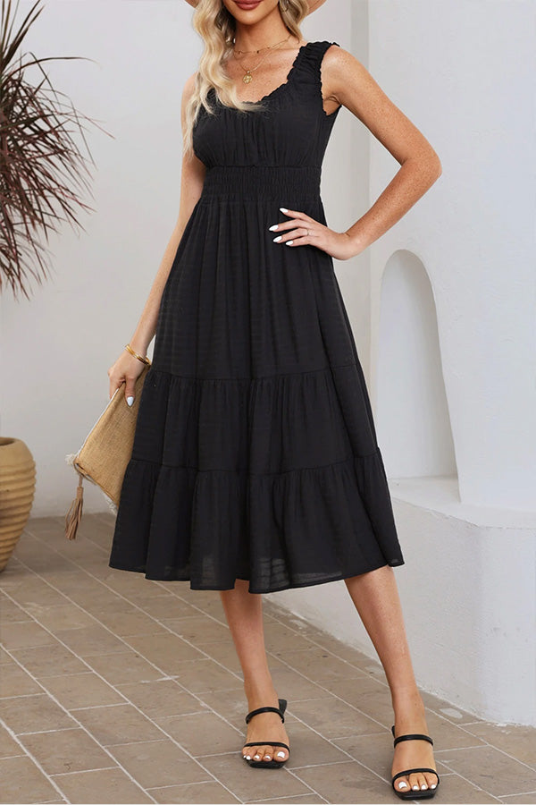 LM | Black sleeveless ruffled midi dress with ruffles and U-neckline