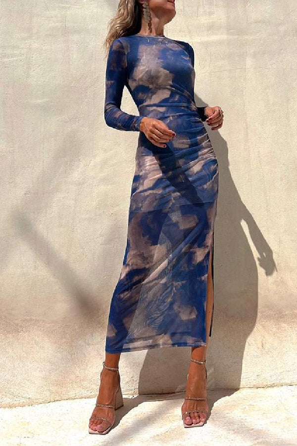LM | Charm Lady Mesh Overlay Tie Dye Print Long Sleeve Ruffled Stretch Midi Dress