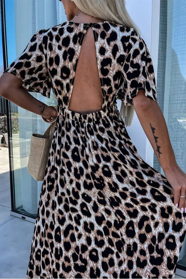 LM | Khaki Leopard V-Neck Cinched High Waist Open Back Maxi Dress
