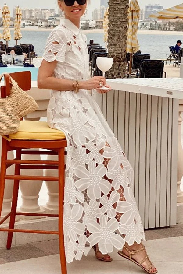 LM | Dubai Style Floral Crochet Lace Short Sleeve Tie-up Shirt Maxi Dress