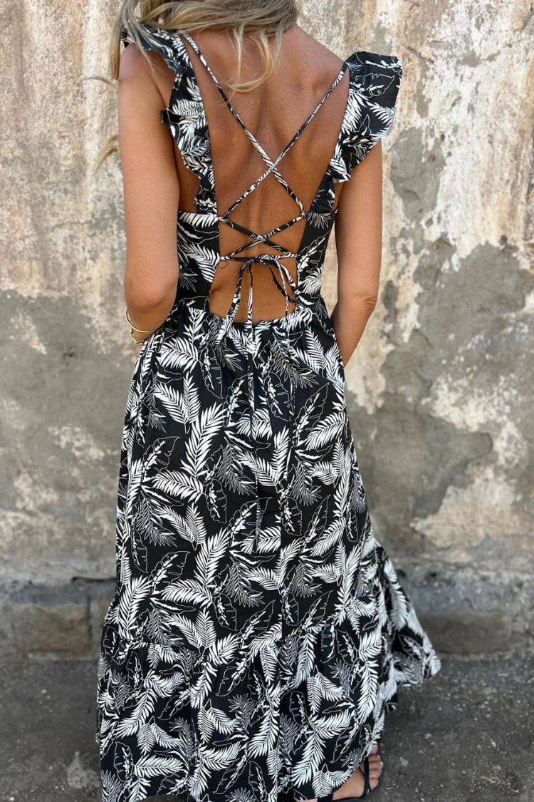 LM | Elegant hollow tie feather print ruffle sleeve maxi dress
