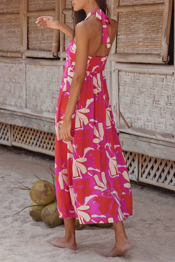 LM | Halterneck Print Berry Lotus Midi Dress