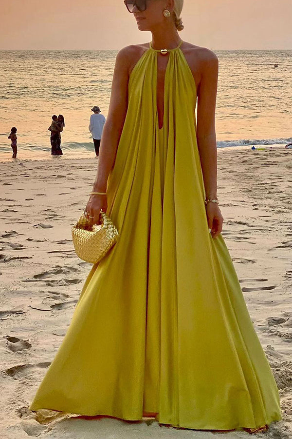 LM | Greek Goddess Unmistakable Golden Halter Neck A-line Maxi Dress