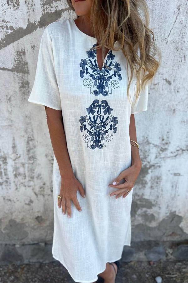 LM | Bohemian Print Linen Loose Midi Dress