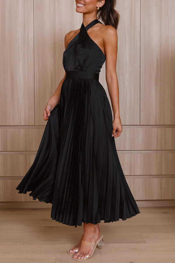 LM | Beaming Smile satin halterneck pleated midi dress