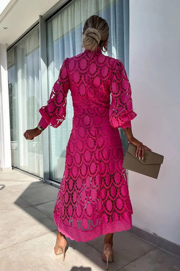 LM | Romantic, Sensual and Elegant Crochet Lace Lantern Sleeve Party Midi Dress