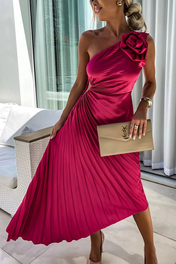 LM | Romantic Nights Satin Raised Flower Elastic Neckline One Shoulder Pleated Maxi Dress