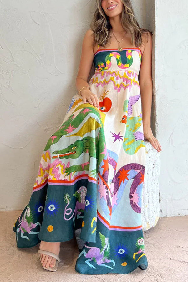 LM | Feel Effortlessly Linen Blend Unique Print Smocked Back Midi Dress