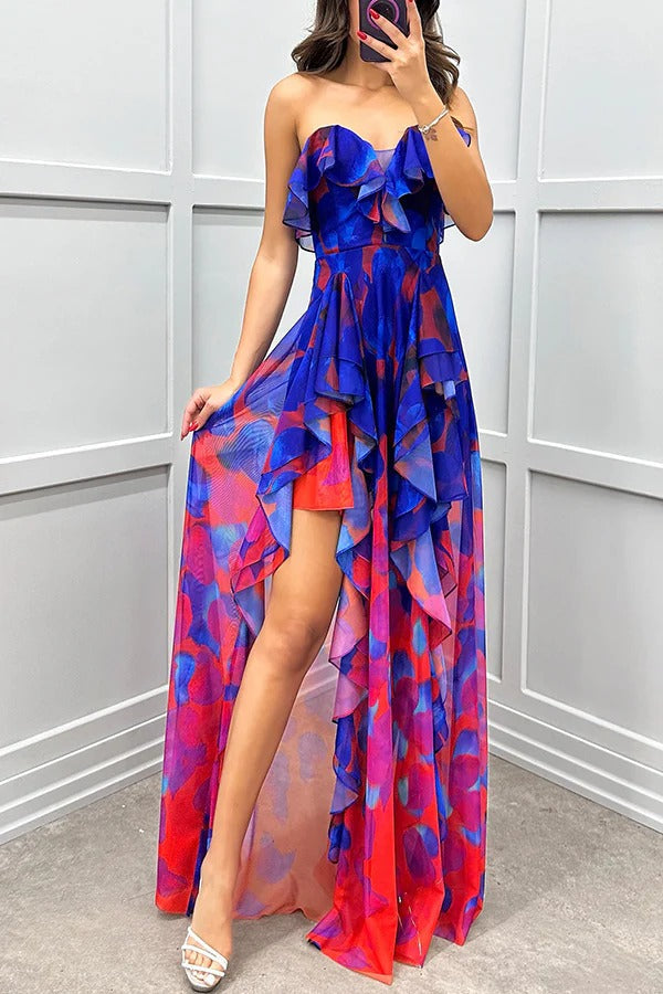 LM | Loving Moment Gradient Unique Print Flowing Layered Ruched Strapless Slit Maxi Dress