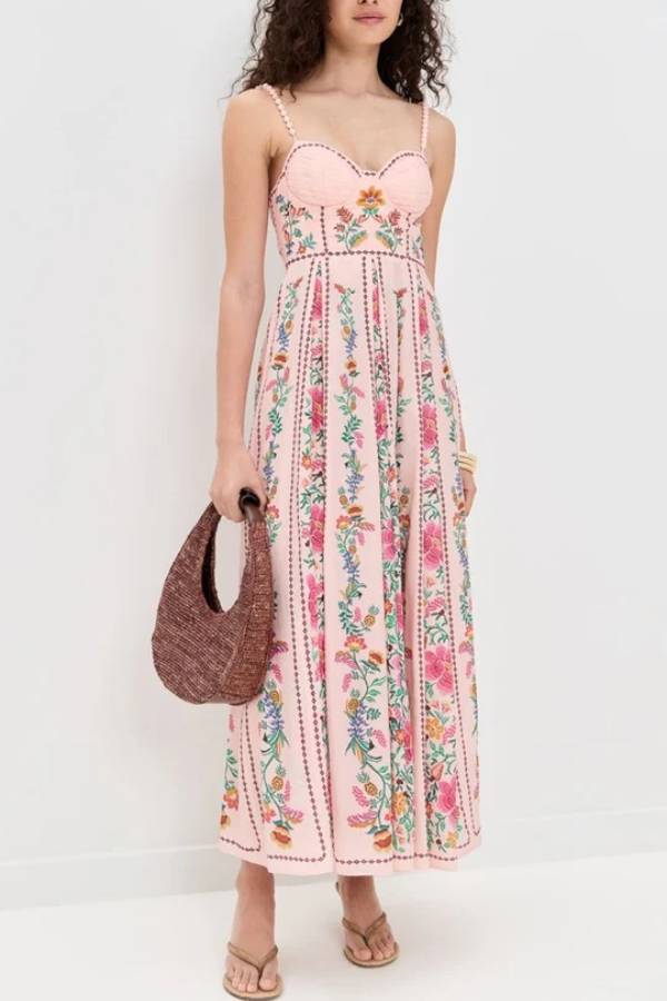 LM | Delicate Forest Unique Print Sweetheart Neck Beaded Straps Maxi Dress