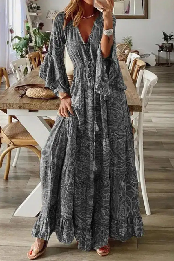 LM | V-Neck Loose Peris Print Vacation Long Sleeve Maxi Dress
