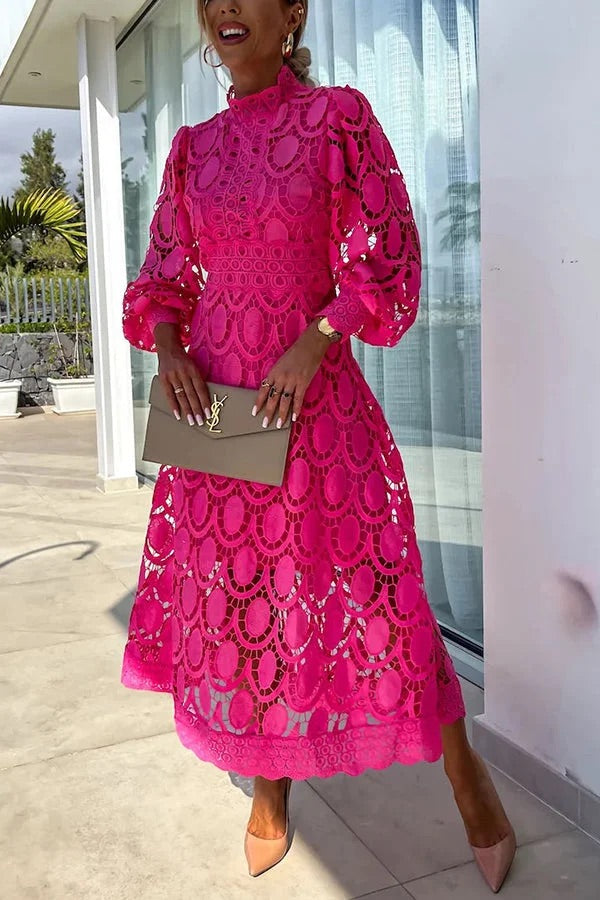 LM | Romantic, Sensual and Elegant Crochet Lace Lantern Sleeve Party Midi Dress