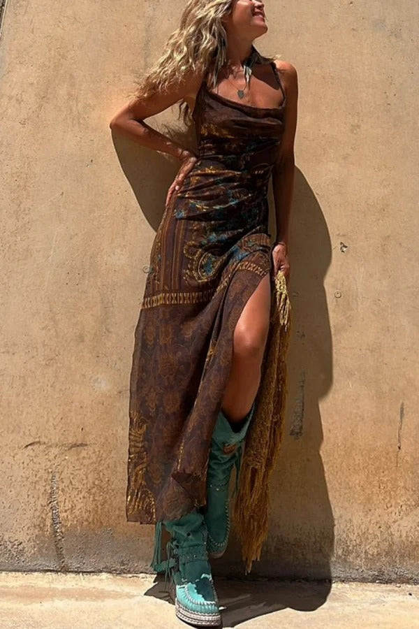 LM | Gypsy Style Unique Print Cowl Neck Back Lace Up Slit Midi Dress