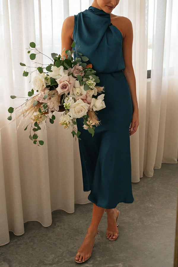 LM | Perfectly Yours High Neckline Elastic Waist Satin Drape Maxi Dress