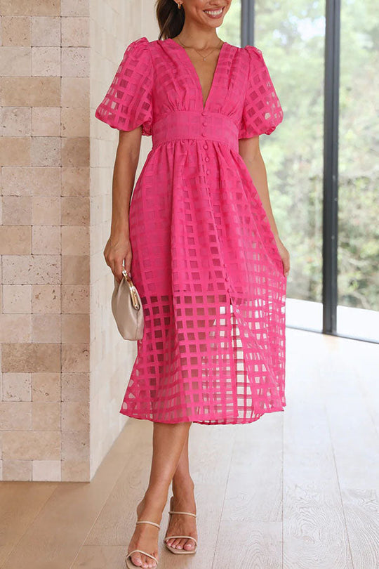 LM | Remarkable Beauty Square Patterned Fabric Puff Sleeve Party Midi Dress