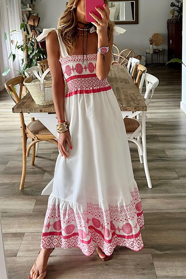 LM | Malibu Villa Ethnic printed maxi dress with smocked shoulders