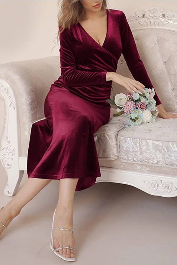 LM | Solid Velvet Long Sleeve V-Neck Slim Fit Fishtail Maxi Dress