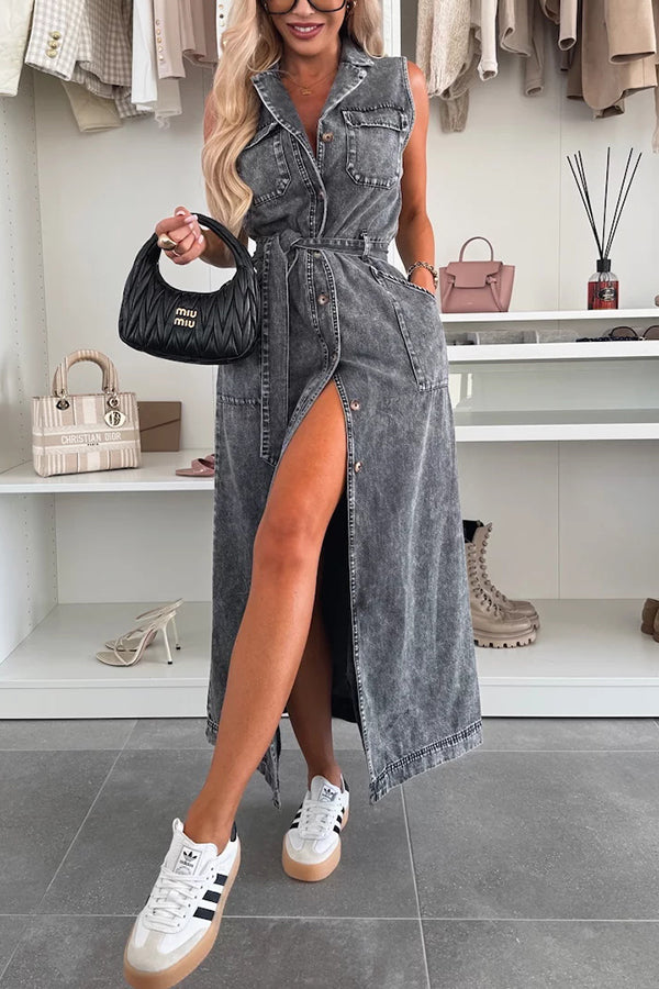 LM | Solid Color Sleeveless Single Breasted Waist Tie Casual Bag Denim Midi Dress