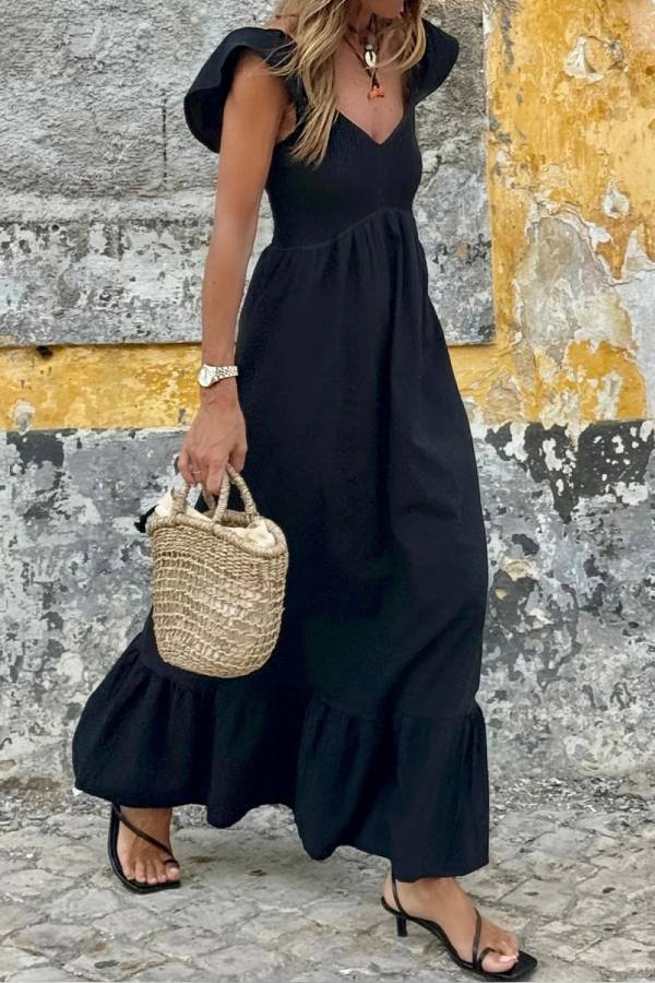 LM | Black V-neck Flutter sleeves Smocked top High waist Ruched maxi dress