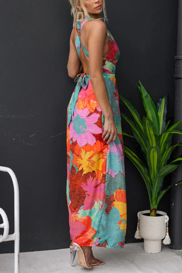 LM | V-Neck Sleeveless Tie Back Slit Floral Print Maxi Dress