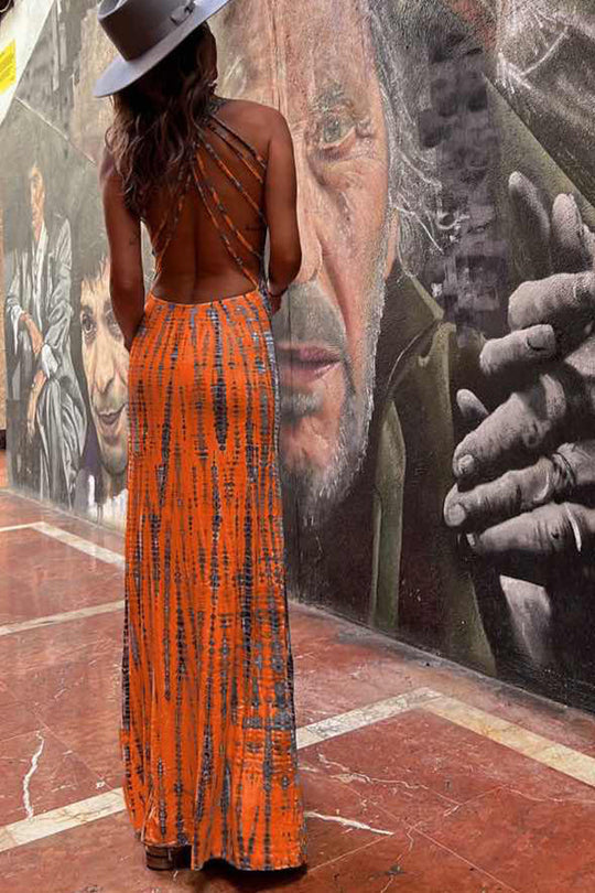 LM | Modern Day Tie-dye Print Back Lace-up Stretch Maxi Dress