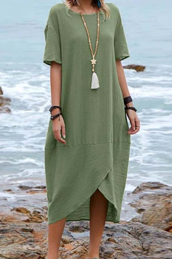 LM | Solid Color Cotton Linen Retro Round Neck Short Sleeve Midi Dress
