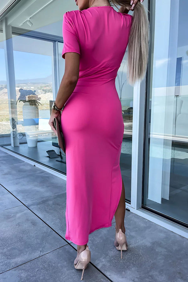 LM | Lucky To Have You Padded shoulders Gathered midi dress with slit