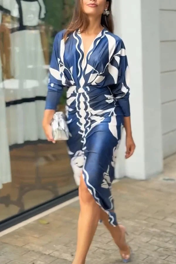 LM | Caliana Unique Print Dolman Long Sleeve Ruffled Slit Midi Dress