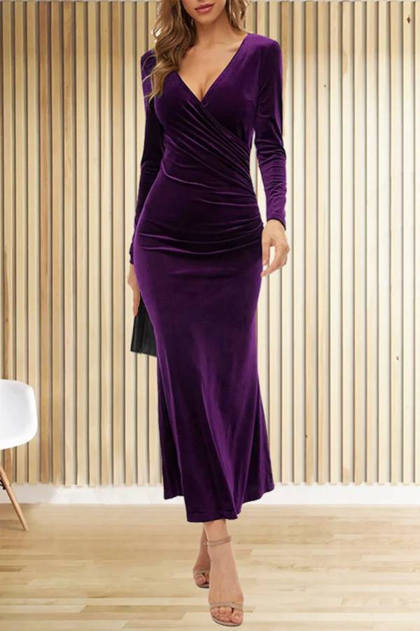 LM | Solid Velvet Long Sleeve V-Neck Slim Fit Fishtail Maxi Dress