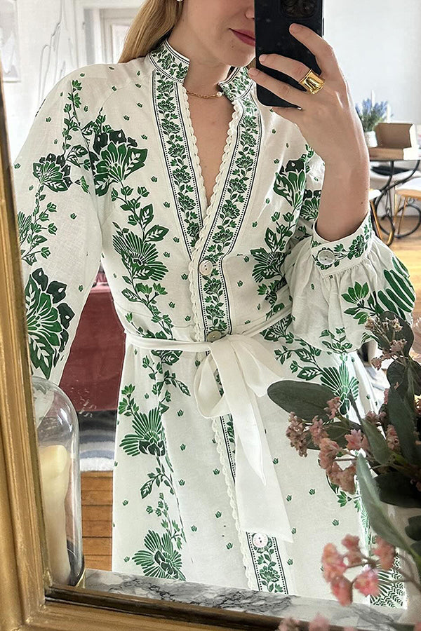 LM | Unique print button down long sleeve shirt maxi dress