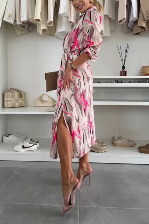 LM | Elegant Ease Satin Printed Midi Dress with Waist
