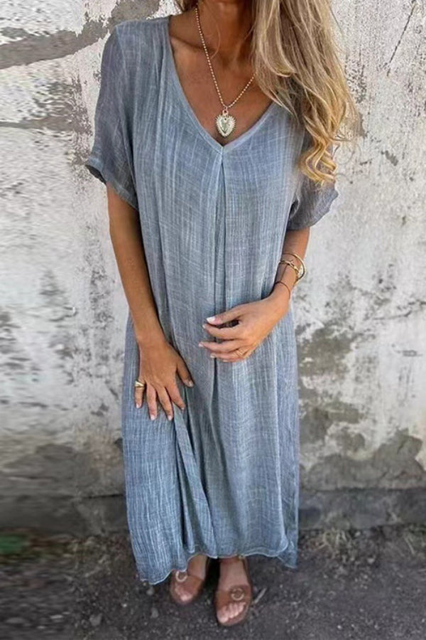 LM | V-neck loose fit cotton linen midi dress