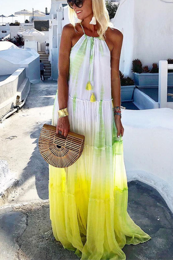 LM | Island Evenings Gradient Print Tassel Halter Maxi Dress
