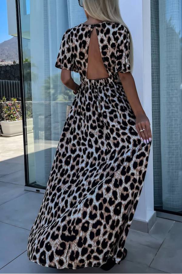 LM | Khaki Leopard V-Neck Cinched High Waist Open Back Maxi Dress