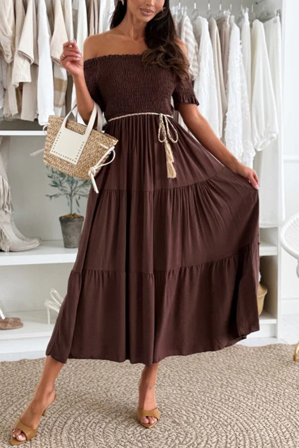 LM | Plain-colored off-the-shoulder midi dress with pleated waist