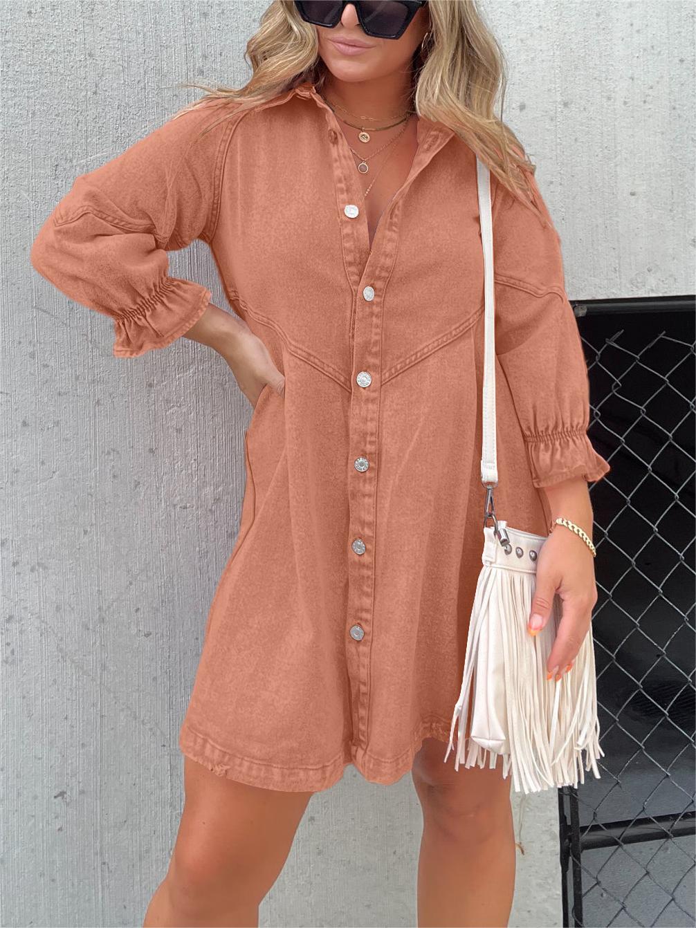LM | Chic turn-down collar denim midi dress