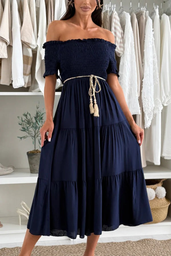 LM | Plain-colored off-the-shoulder midi dress with pleated waist