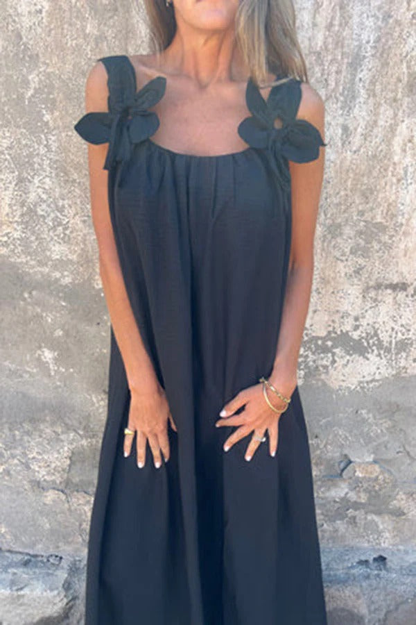LM | Solid Floral Embellished Sleeveless Loose Maxi Dress