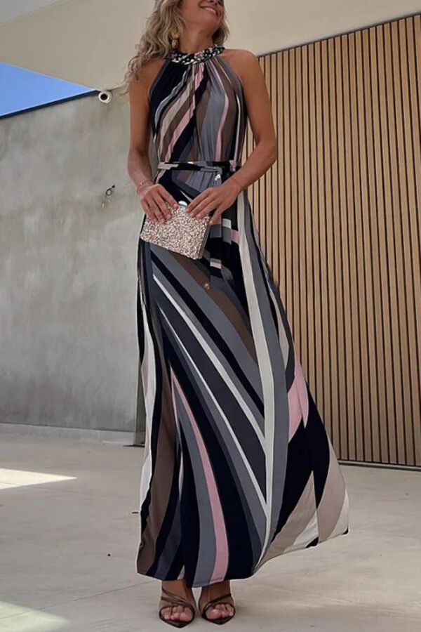 LM | Flowing Elegance Colored Lines Printed Belt Halter Maxi Dress