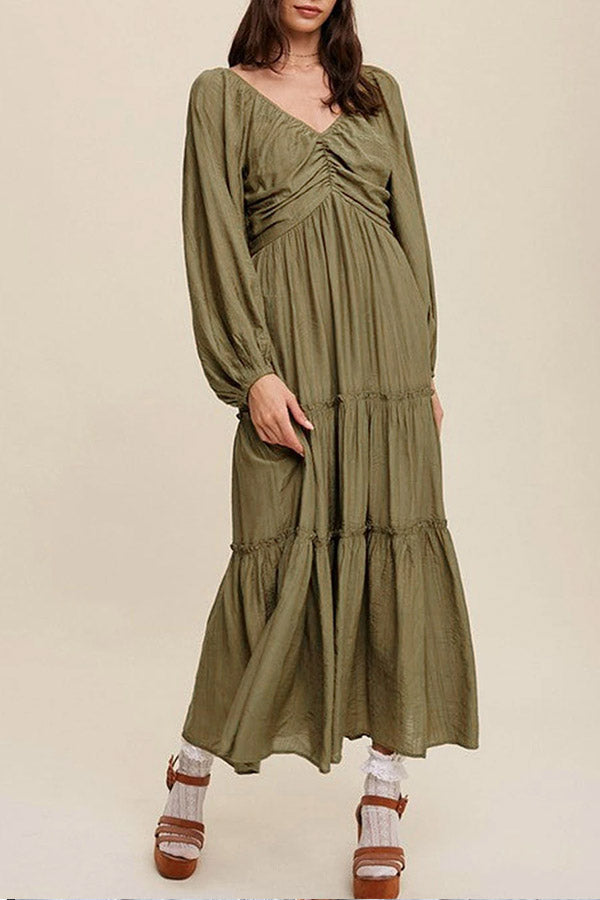 LM | Green V-neck bowknot neckline ruffle striped maxi dress