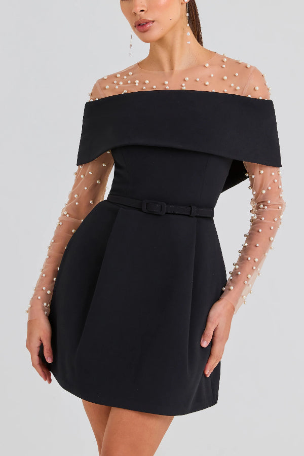 LM | Elegant Evening Lapel Bandeau Detachable Belt Pocketed Mini Dress