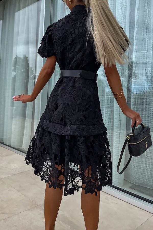 LM | Absolutely Elegant Floral Crochet Lace Puff Sleeve Belted Shirt Midi Dress