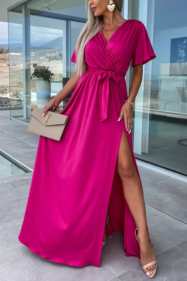 LM | Call Me Confident Glitter Fabric Belted Slit Maxi Dress