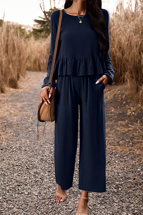 LM | Temperament leisure suit monochrome long-sleeved top loose pants