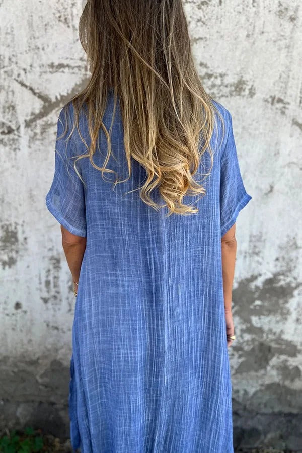 LM | Bayside Bliss linen blend short sleeve pleated loose midi dress