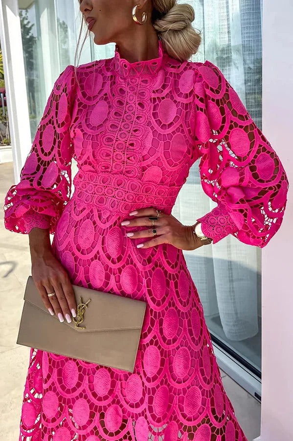 LM | Romantic, Sensual and Elegant Crochet Lace Lantern Sleeve Party Midi Dress