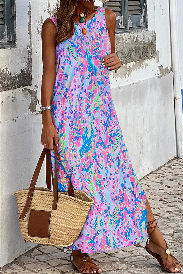 LM | Purple Fluorescent Printed Round Neck Sleeveless Maxi Dress