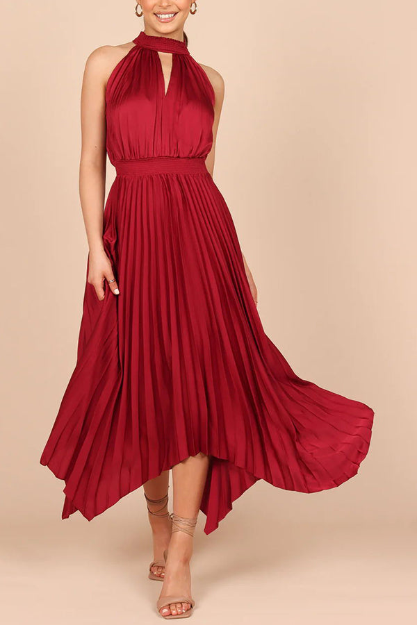 LM | Luxe Look Satin Pleated Halter Elastic Waist Midi Dress