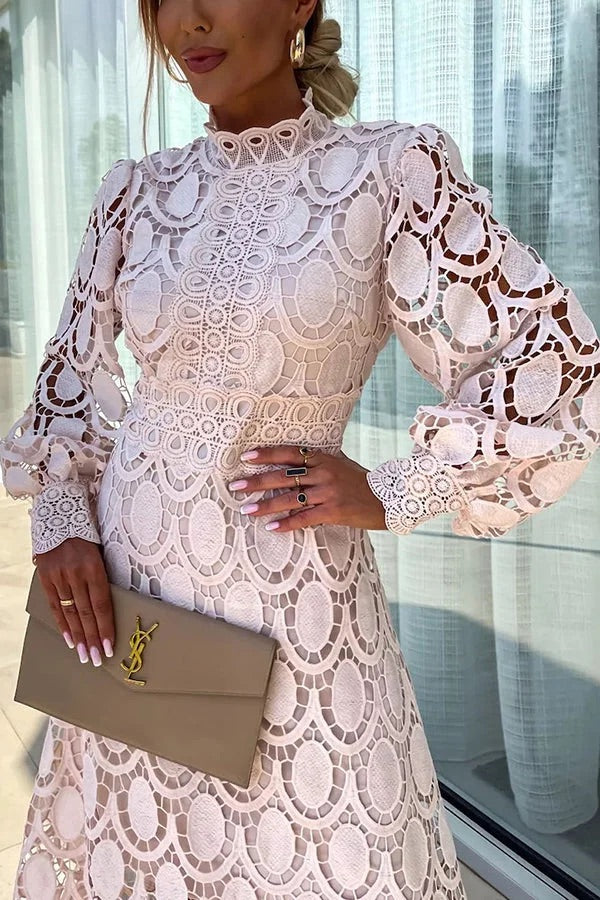 LM | Romantic, Sensual and Elegant Crochet Lace Lantern Sleeve Party Midi Dress