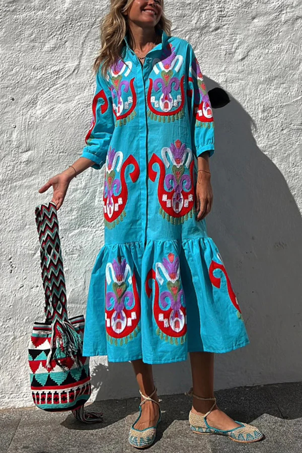 LM | Take Me To Cabo Ethnic Unique Print Button Loose Shirt Midi Dress